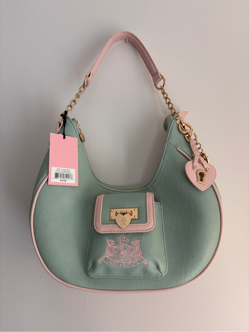 NWT Juicy Couture Mint & Pink Crescent Shoulder Bag with Heart & Key Charm